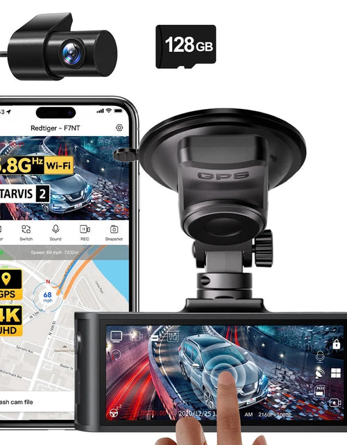 Load image into Gallery viewer, Touch Screen Dash Cam Front and Rear, 4K Dash Camera with STARVIS 2 Sensor, Free 128GB Card, Car Camera with Wifi GPS, Voice Control, Wdr,5.8Ghz Wifi, 24H Parking Mode, Night Vision
