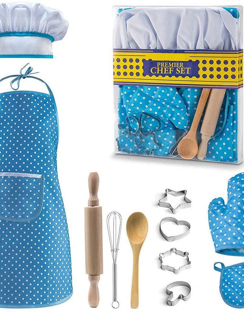 Load image into Gallery viewer, Kids Cooking Set, 11 Piece Chef Role Play Kit for Girls Ages 3-8, Includes Apron, Chef Hat, Oven Mitt, Utensils &amp; Baking Tools, Pretend Play Kitchen Gift, Blue

