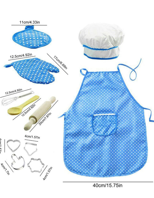 Load image into Gallery viewer, Kids Cooking Set, 11 Piece Chef Role Play Kit for Girls Ages 3-8, Includes Apron, Chef Hat, Oven Mitt, Utensils &amp; Baking Tools, Pretend Play Kitchen Gift, Blue
