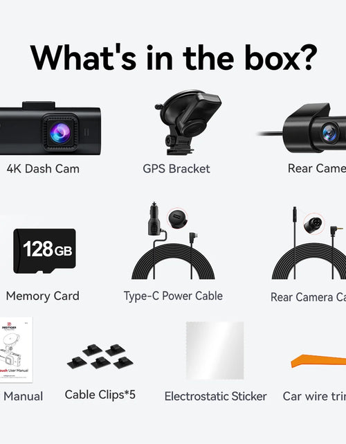 Load image into Gallery viewer, Touch Screen Dash Cam Front and Rear, 4K Dash Camera with STARVIS 2 Sensor, Free 128GB Card, Car Camera with Wifi GPS, Voice Control, Wdr,5.8Ghz Wifi, 24H Parking Mode, Night Vision
